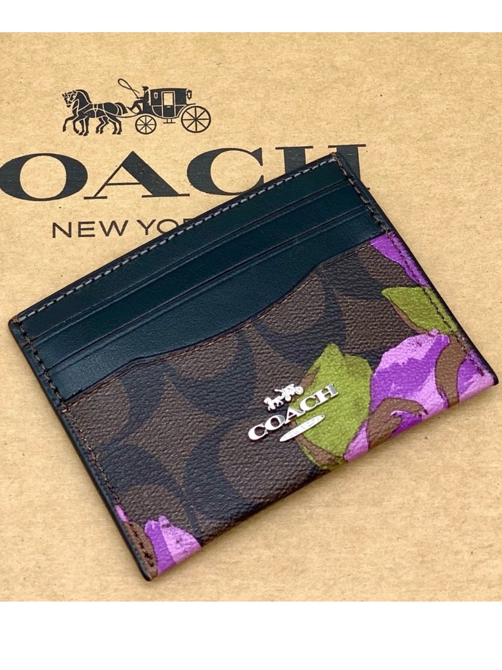 Coach Brown Floral Card ID Holder Small Wallet